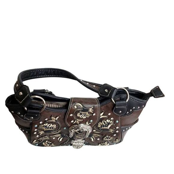 Western Handbag Purse Tote Floral Buckle Bold Silver Blue Turquoise Shoulder Bag - Picture 6 of 11